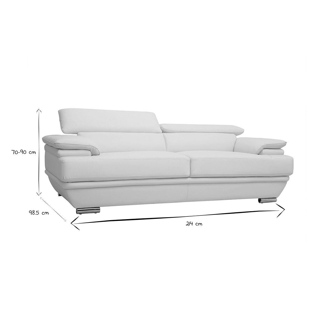 Canapé design avec têtières ajustables 3 places cuir blanc et acier chromé EWING