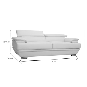 Canapé design avec têtières ajustables 3 places cuir blanc et acier chromé EWING