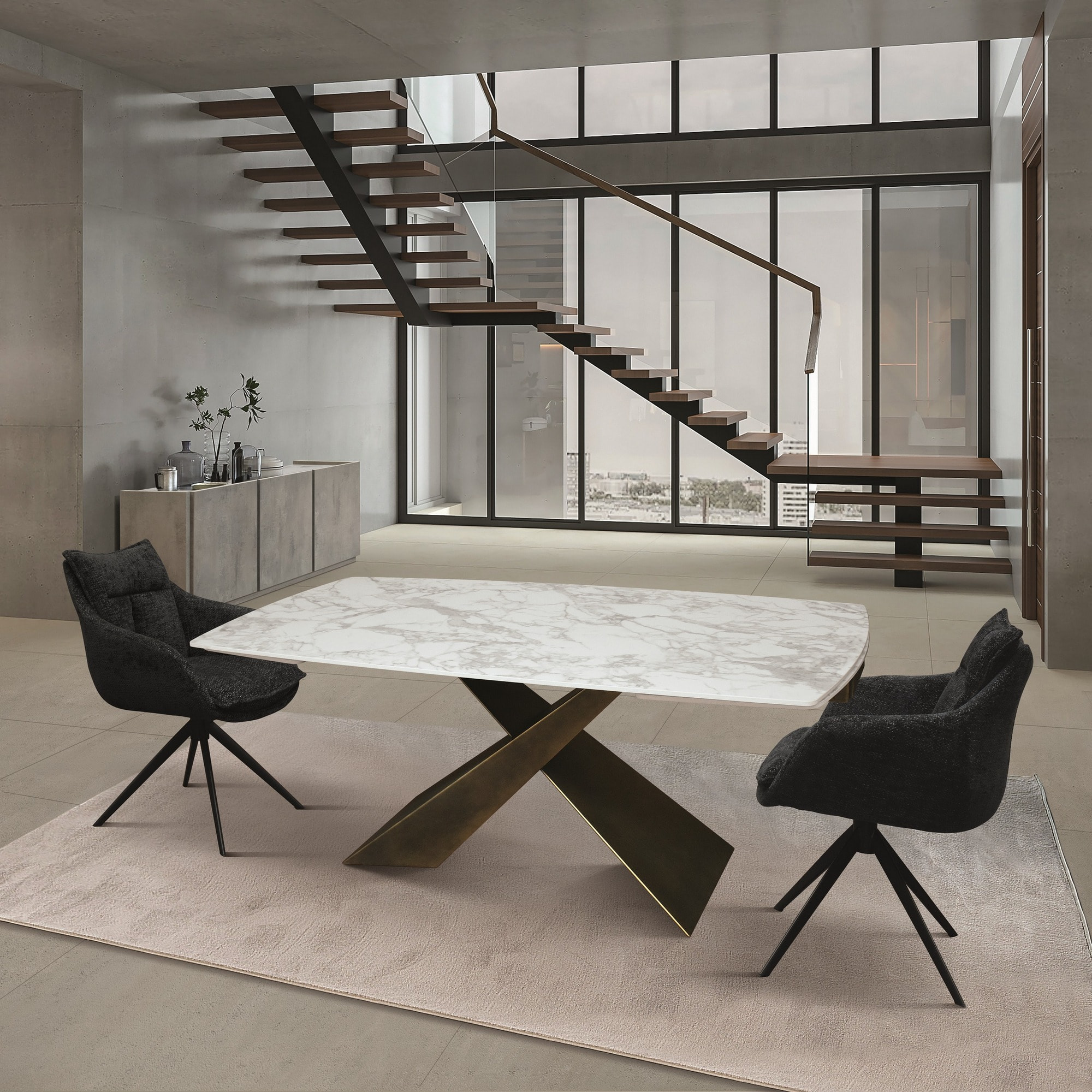 Tavolo FIGARI in vetroceramica bianco arabesco con gambe a X in metallo bronzo, allungabile 180x90 cm - 260x90 cm