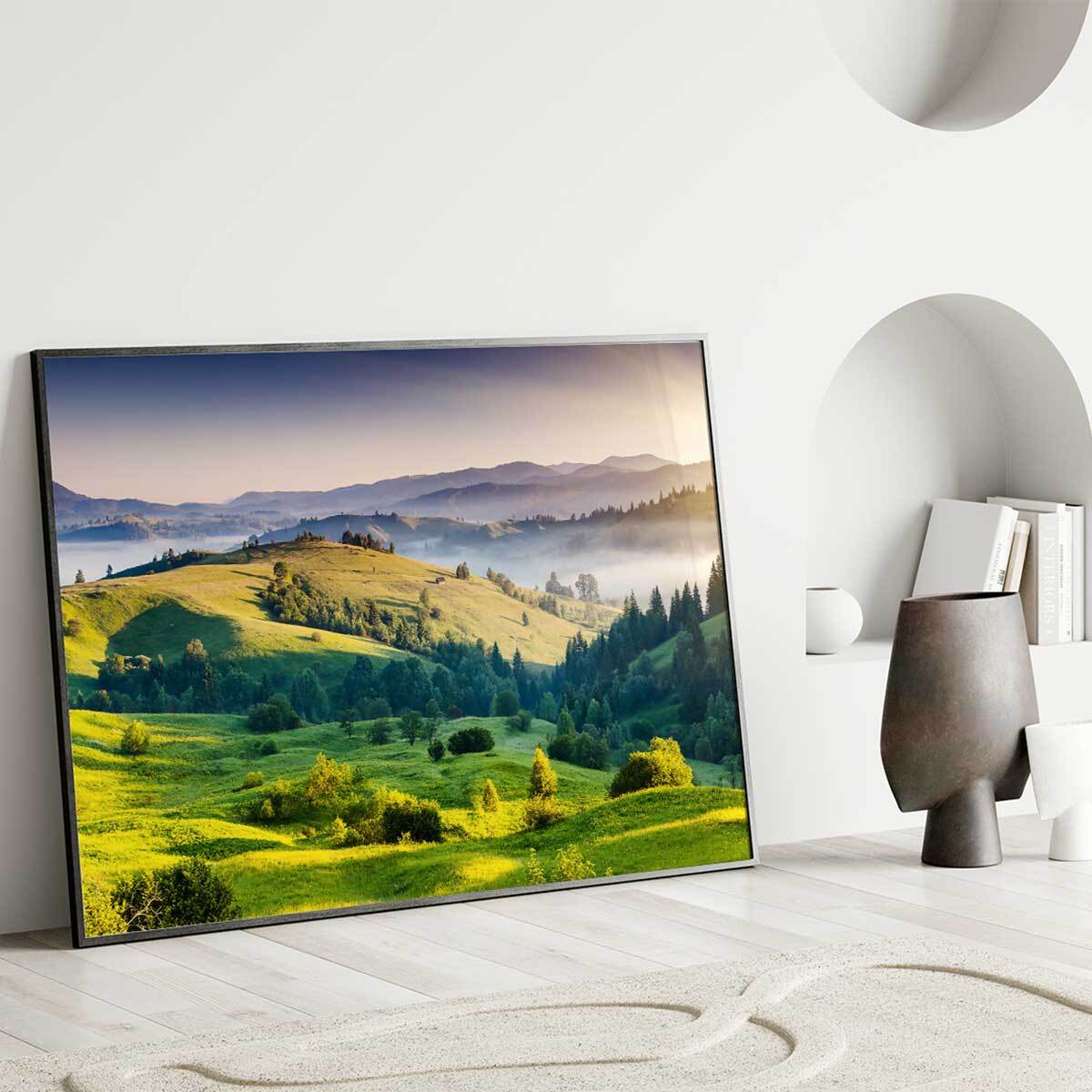 Affiche encadrée paysage champ au coucher du soleil Affiche + cadre en métal - Noir