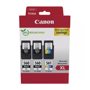 Cartouche d'encre CANON Pack de 3 Originales XL (2x PG-560 Noir + 1x CL-561 Couleur) - 3712C005