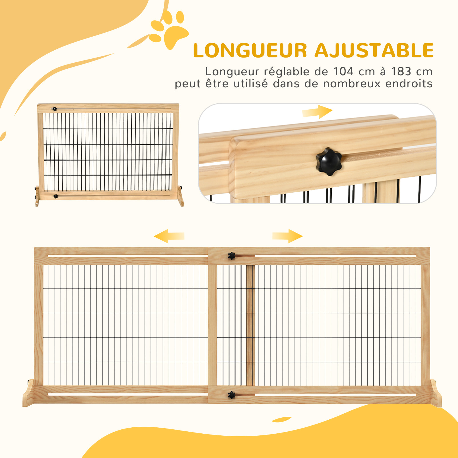 Barrière de sécurité chien barrière autoportante longueur réglable dim. 104-183L x 36l x 69H cm bois pin verni acier noir