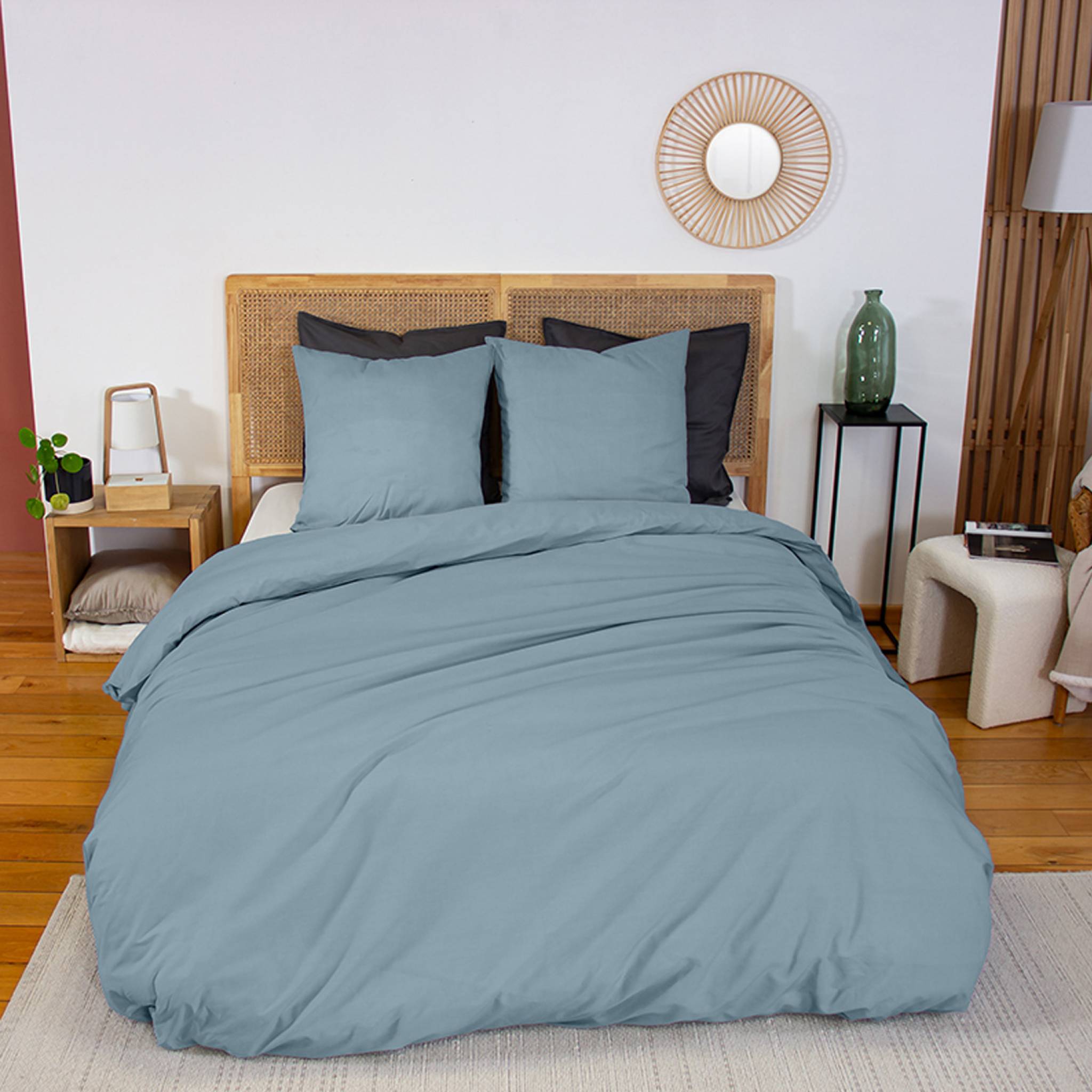 Parure de lit percale de coton 2 places bleu fumé Skala 240x220cm