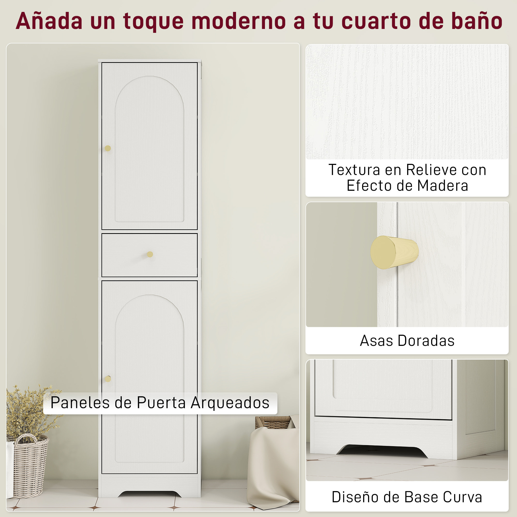 Armario Alto de Baño Estrecho con 2 Puertas Arqueadas Cajón y Estantes Ajustables Columna de Baño Estilo Moderno para Salón Aseo Cocina 40x29,5x170 cm Blanco Veteado