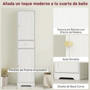 Armario Alto de Baño Estrecho con 2 Puertas Arqueadas Cajón y Estantes Ajustables Columna de Baño Estilo Moderno para Salón Aseo Cocina 40x29,5x170 cm Blanco Veteado