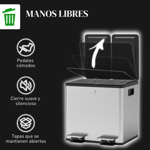 Cubo de Basura de Cocina con 2 Compartimentos 2x15L Papelera de Cocina de Acero Inoxidable con Pedales Tapas de Cierre Suave y Cubo Extraíble para Reciclaje Residuos Restos de Comida Plata