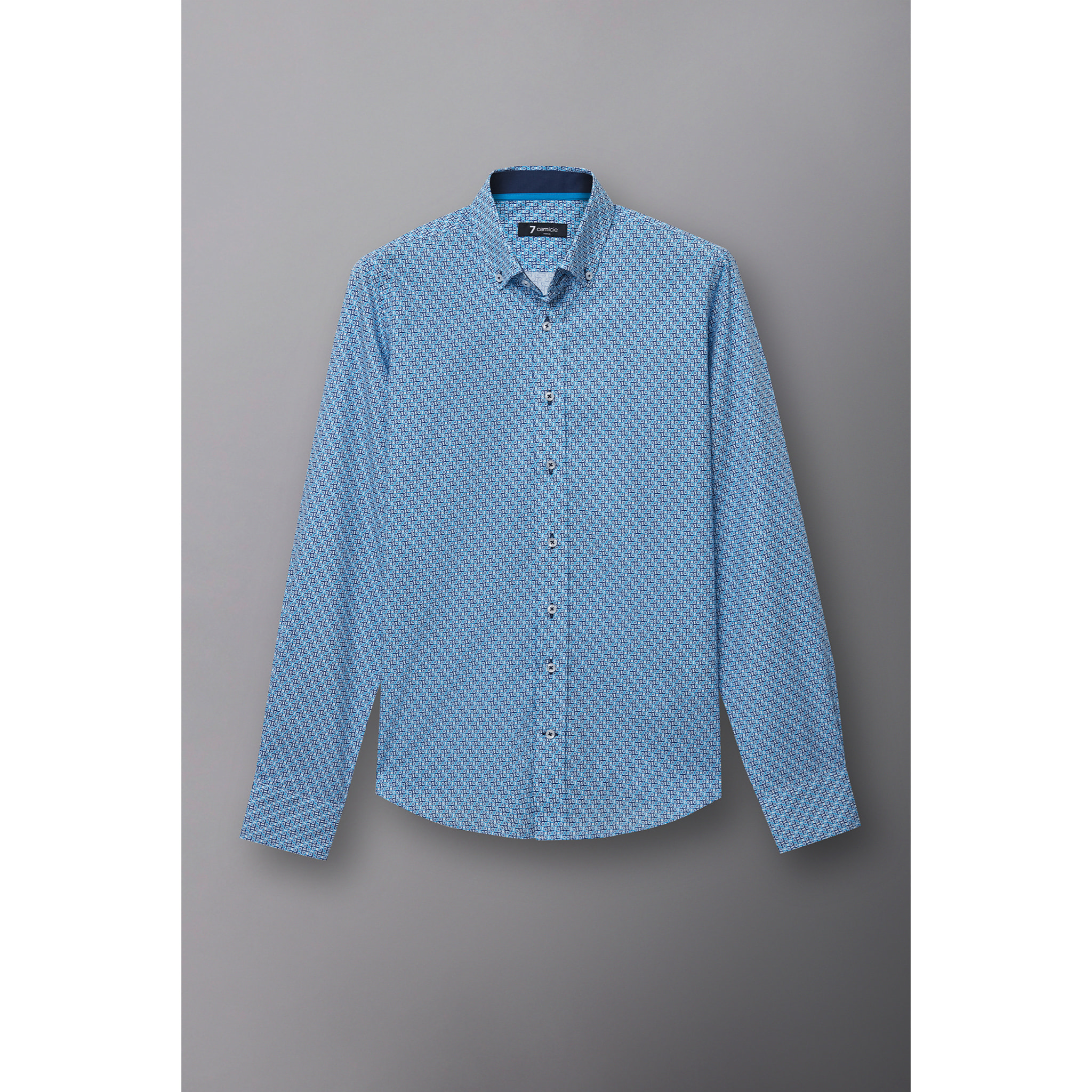 camicia uomo 1 bottone button down slim Popeline Stampato Bianco e Blu