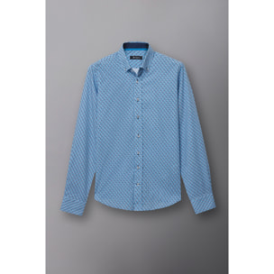 camicia uomo 1 bottone button down slim Popeline Stampato Bianco e Blu
