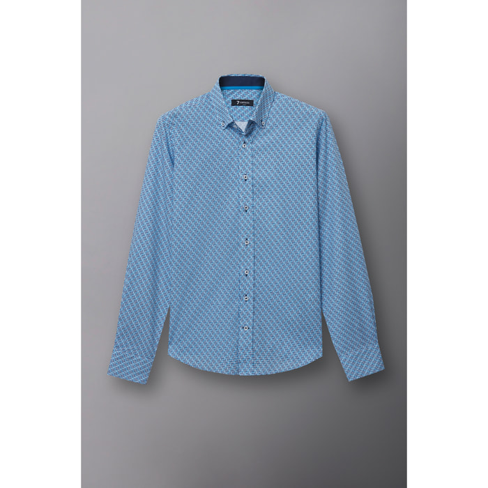 camicia uomo 1 bottone button down slim Popeline Stampato Bianco e Blu