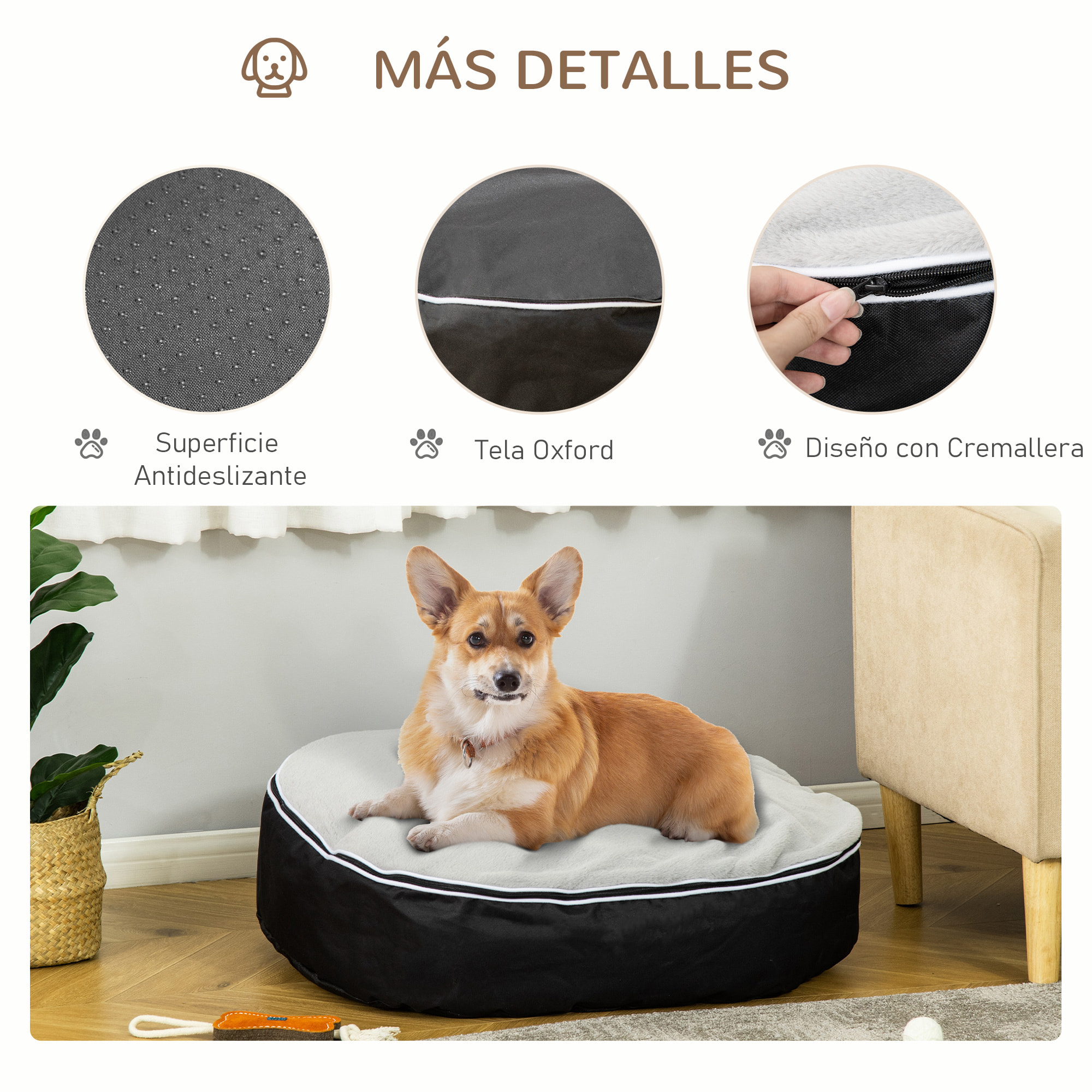 Cama para Perros Lavable con Funda Desenfundable Tela Oxford y Felpa 80x72x18 cm