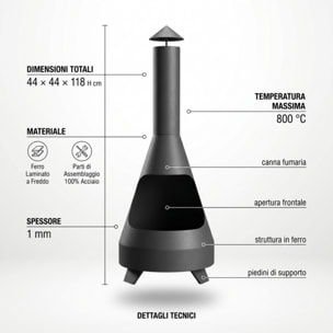 Caminetto da esterno Falcon in acciaio con comignolo 118 cm, braciere a legna grande e stabile, stufa outdoor resistente fino a 800°C, design moderno elegante, ideale per giardino terrazzo patio e veranda