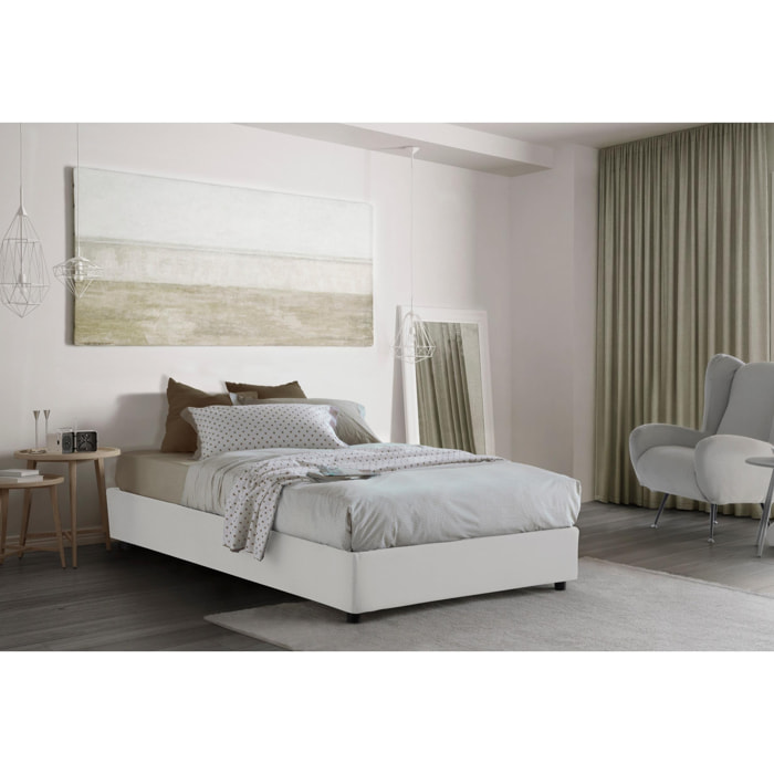 Letto piazza e mezza Chiara, Letto contenitore con rivestimento in tessuto, 100% Made in Italy, Apertura frontale, con materasso Cm 120x190 incluso, Bianco