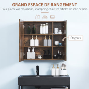 Miroir lumineux LED armoire murale design de salle de bain 2 en 1 dim. 70L x 15l x 65H cm MDF aspect bois