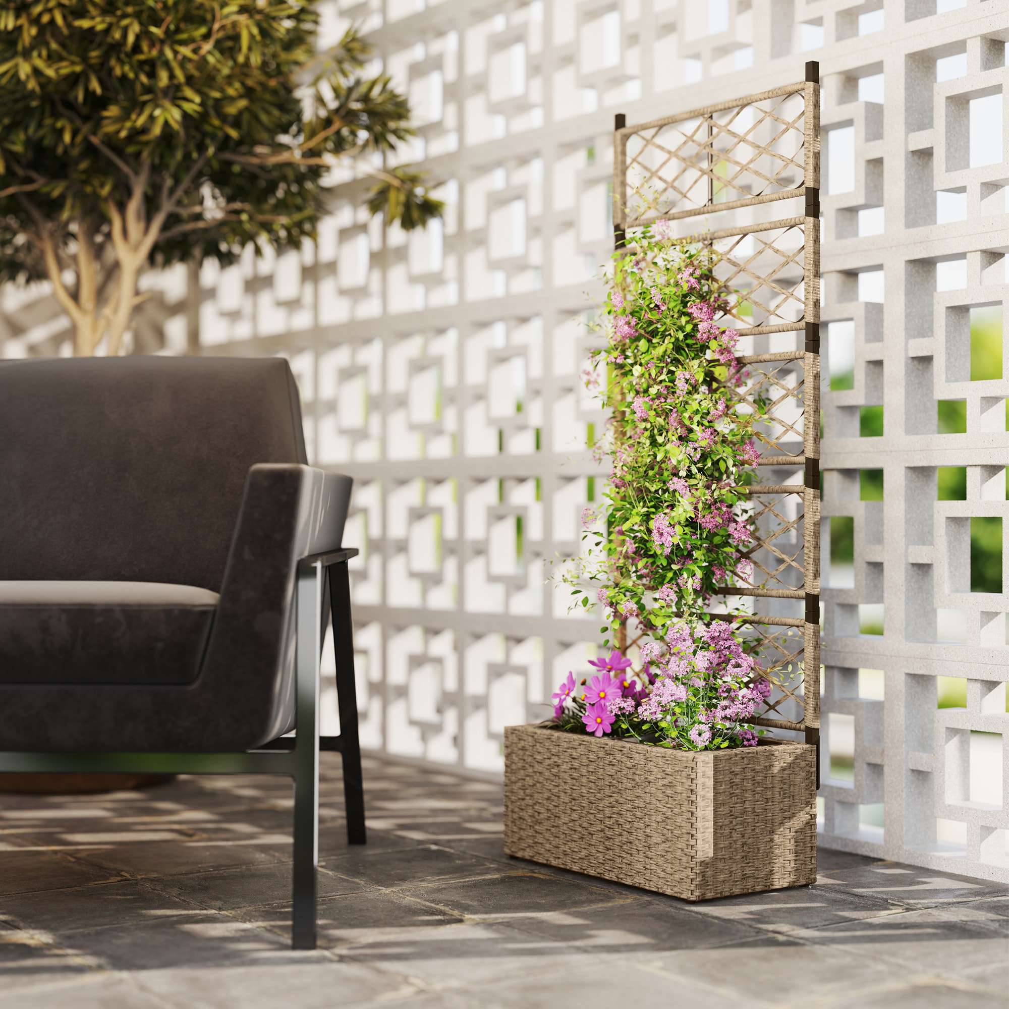Jardinera con Enrejado de Ratán Jardinera Exterior Grande con Enrejado 2 Macetas Extraíbles para Plantas Trepadoras para Jardín Patio Terraza 57x30x150 cm Natural