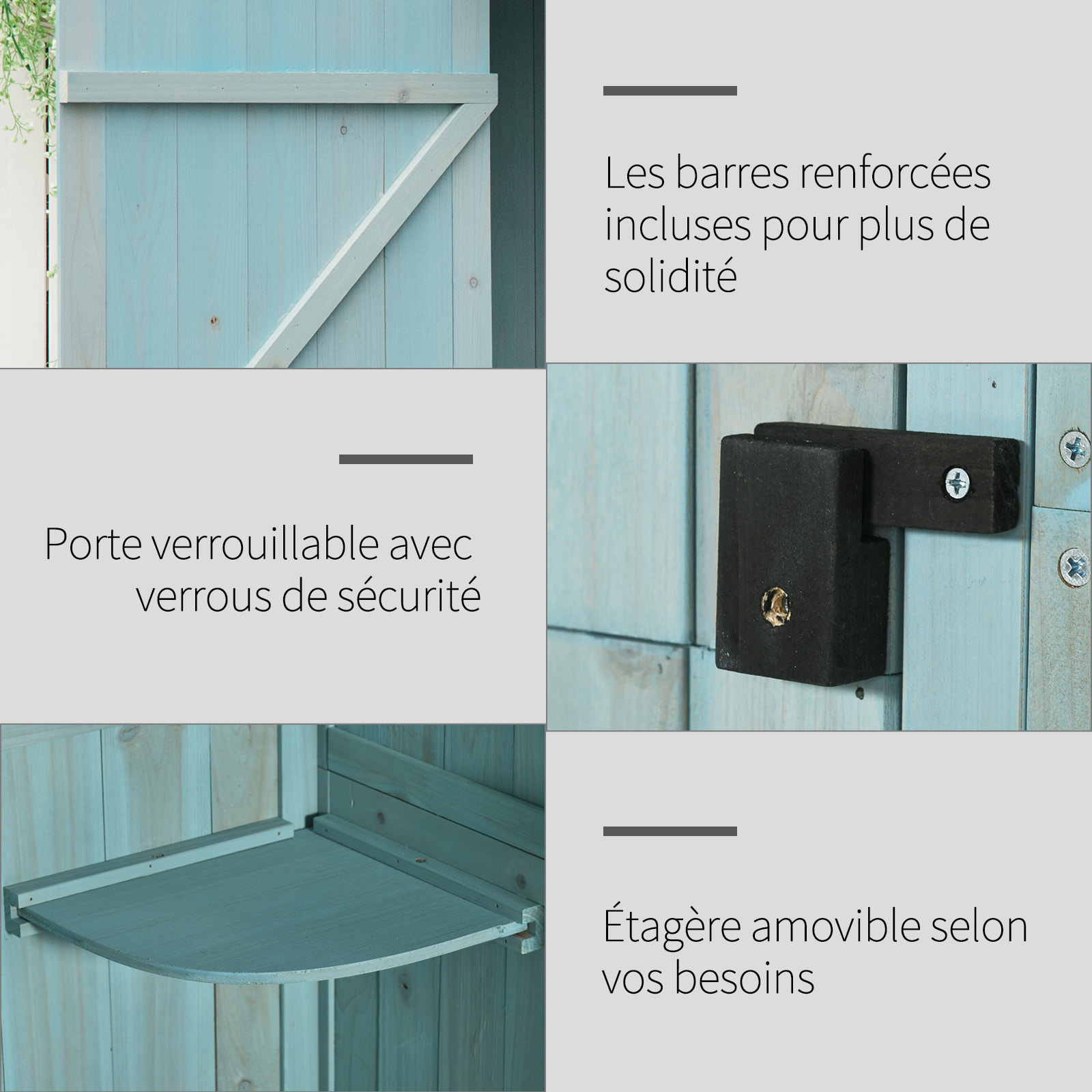 Armoire abri de jardin remise pour outils 3 étagères 2 portes loquets toit pente bitumé 77L x 54l x 179H cm sapin traité bleu