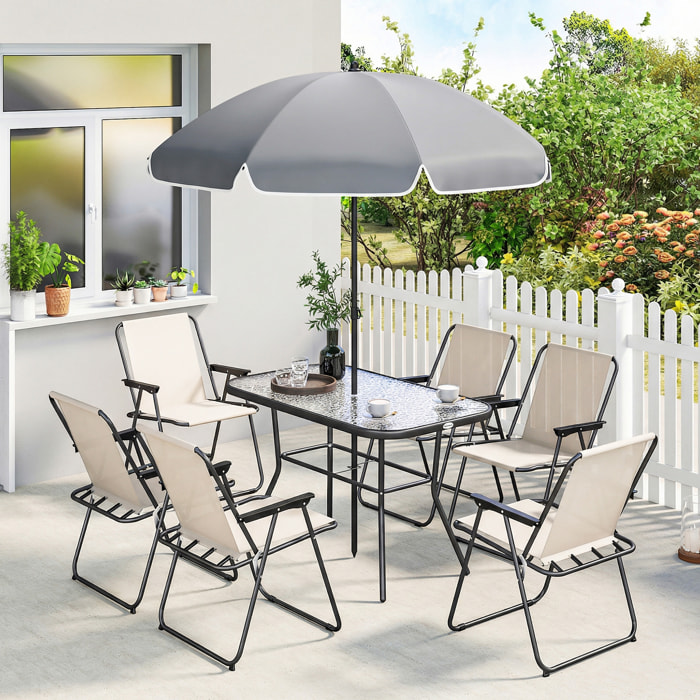 Conjunto de Mesa y Sillas Jardín de 8 Piezas, Muebles de Jardín Exterior con Sombrilla, 6 Sillas Plegables, Mesa de Vidrio Templado, para Terraza, Patio, Crema