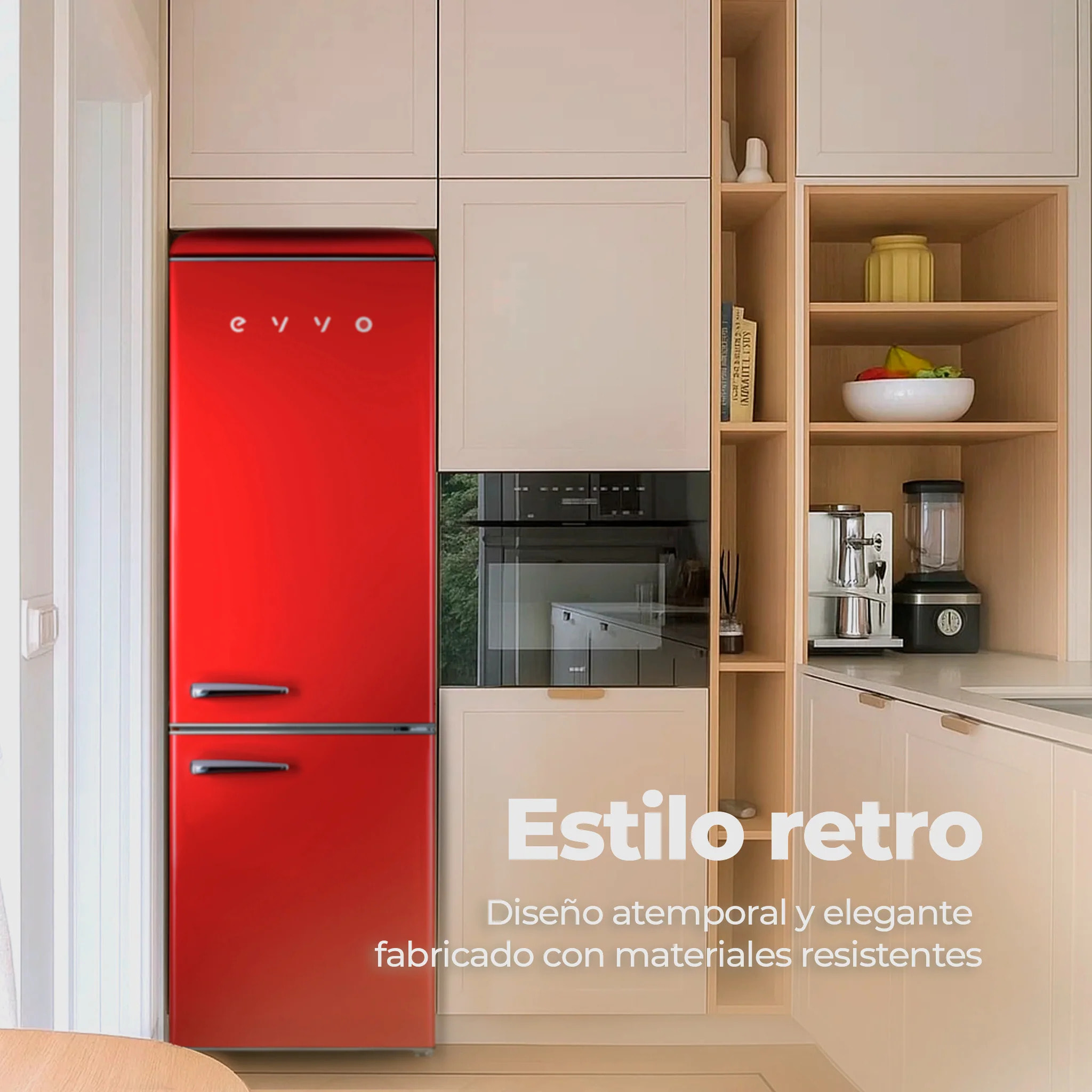 EVVO Frigorífico combi F55 Retro Rojo, refrigerador 216 litros, congelador 84 litros, diseño vintage, cajón Crisper Zone, Turbo fan, libre de gas CFC, silencioso