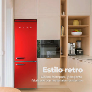 EVVO Frigorífico combi F55 Retro Rojo, refrigerador 216 litros, congelador 84 litros, diseño vintage, cajón Crisper Zone, Turbo fan, libre de gas CFC, silencioso