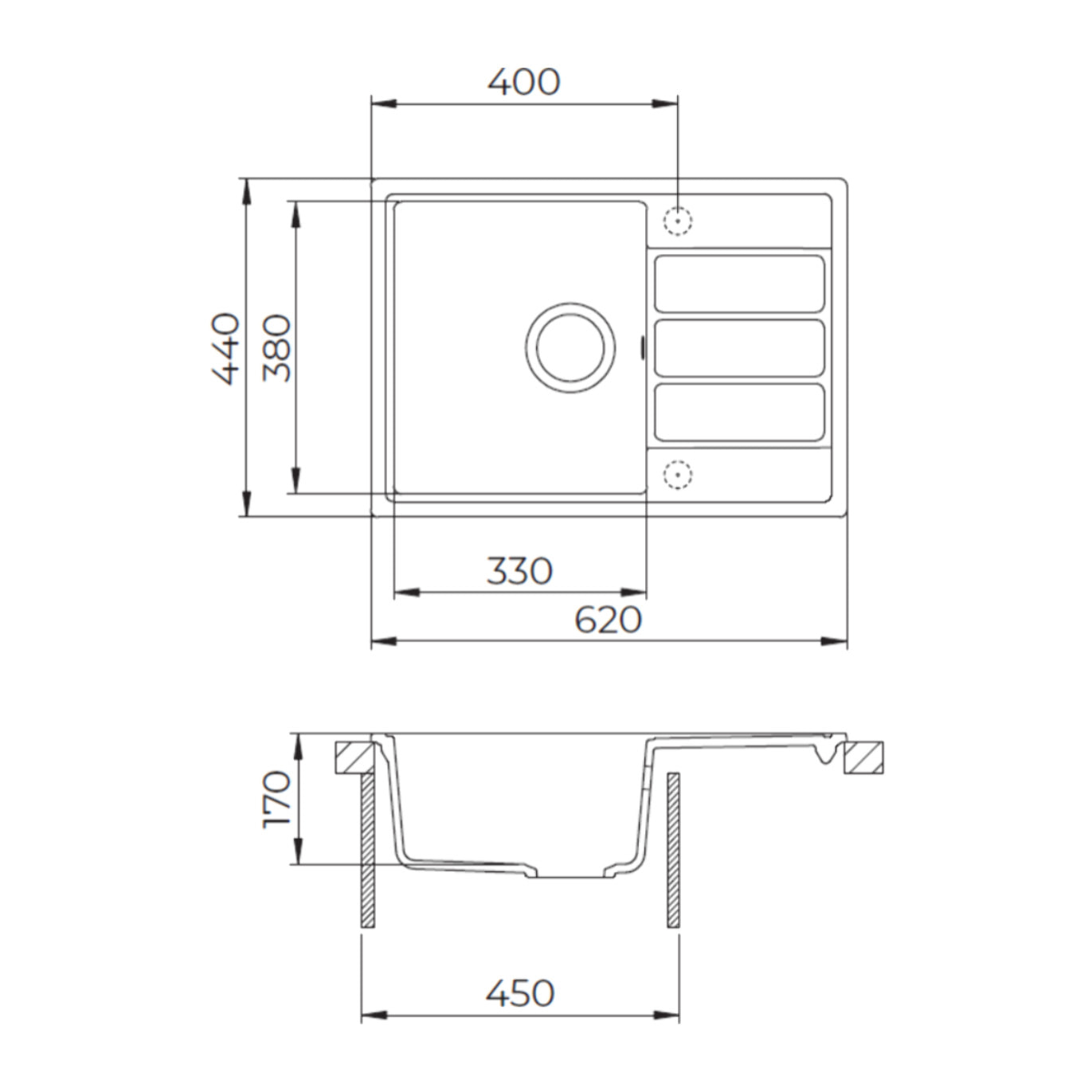 62x44 cm évier avec égouttoir réversible en Granite, à encastrer, blanc (SATSINKGE2W)