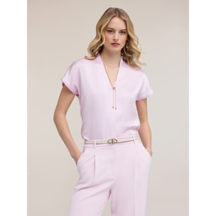 Motivi - T-shirt bimaterica con scollo a V - Rosa