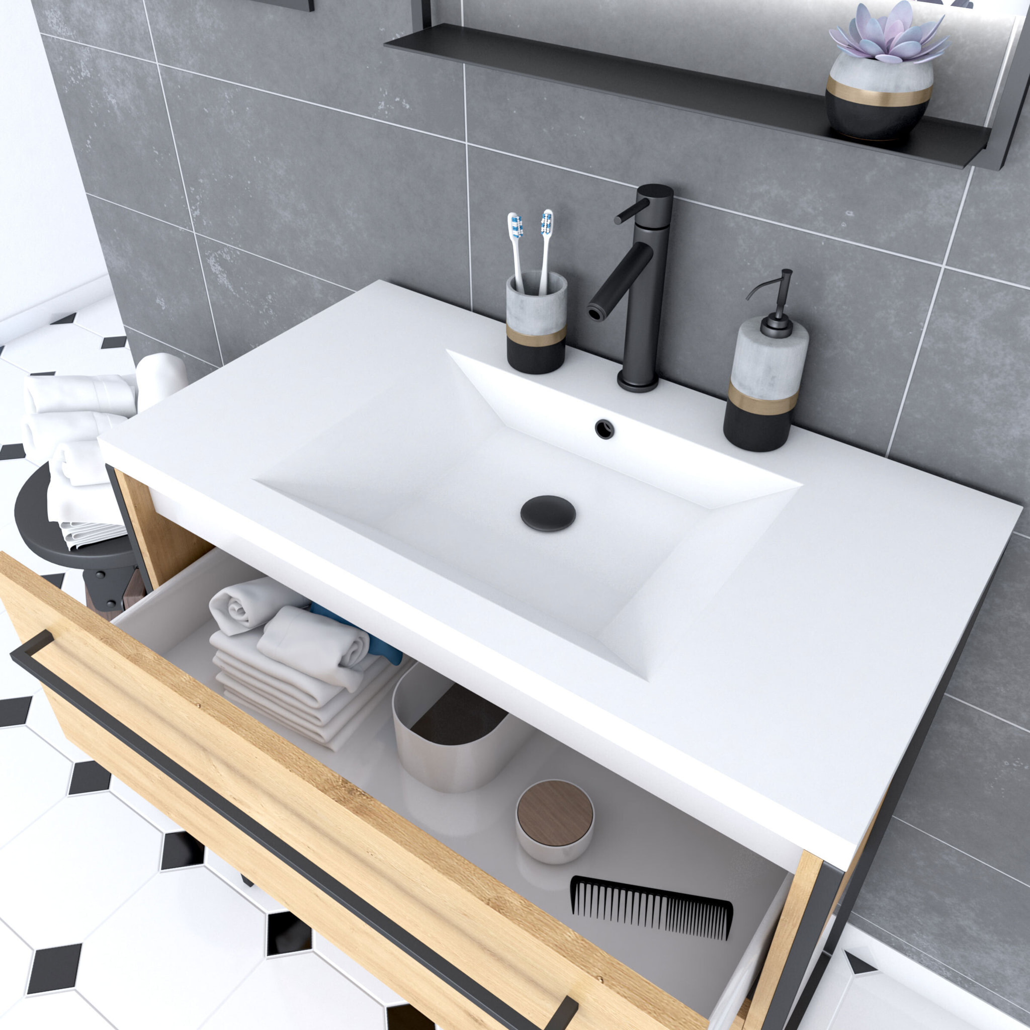 Meuble de salle de bain 80x50cm - vasque blanche 80x50cm - 2 tiroirs finition chêne naturel
