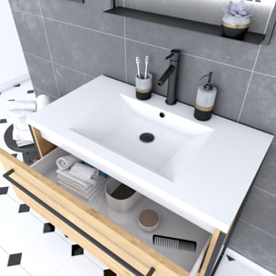 Meuble de salle de bain 80x50cm - vasque blanche 80x50cm - 2 tiroirs finition chêne naturel