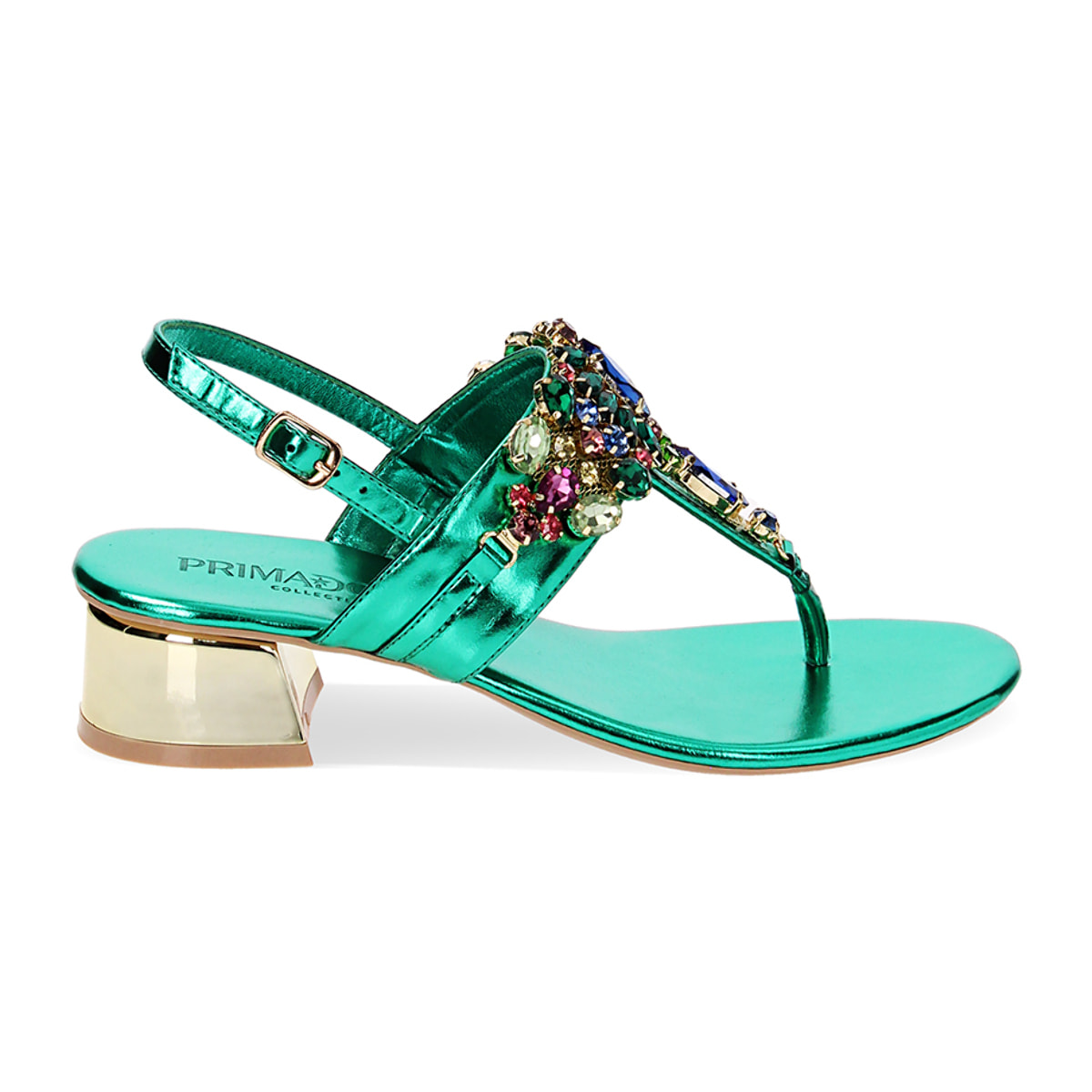 Sandalias con tacón verdes en laminado con piedras