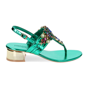 Sandalias con tacón verdes en laminado con piedras