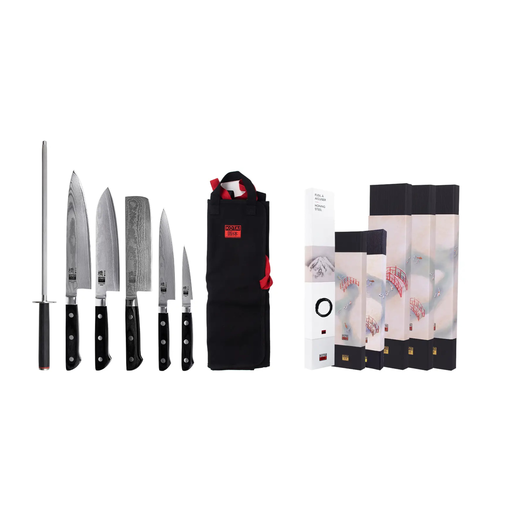Set Hashi Damasco Nómada 7 piezas: 5 cuchillos (de pelar 9cm + universal 15cm + nakiri 16cm + santoku 18cm + gyuto 20cm) + funda 100% algodón + afiladora