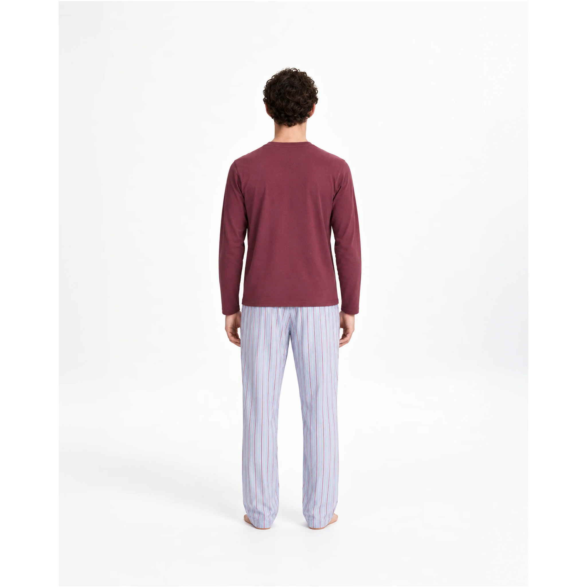 Pigiama lungo in cotone a righe ciel bordeaux