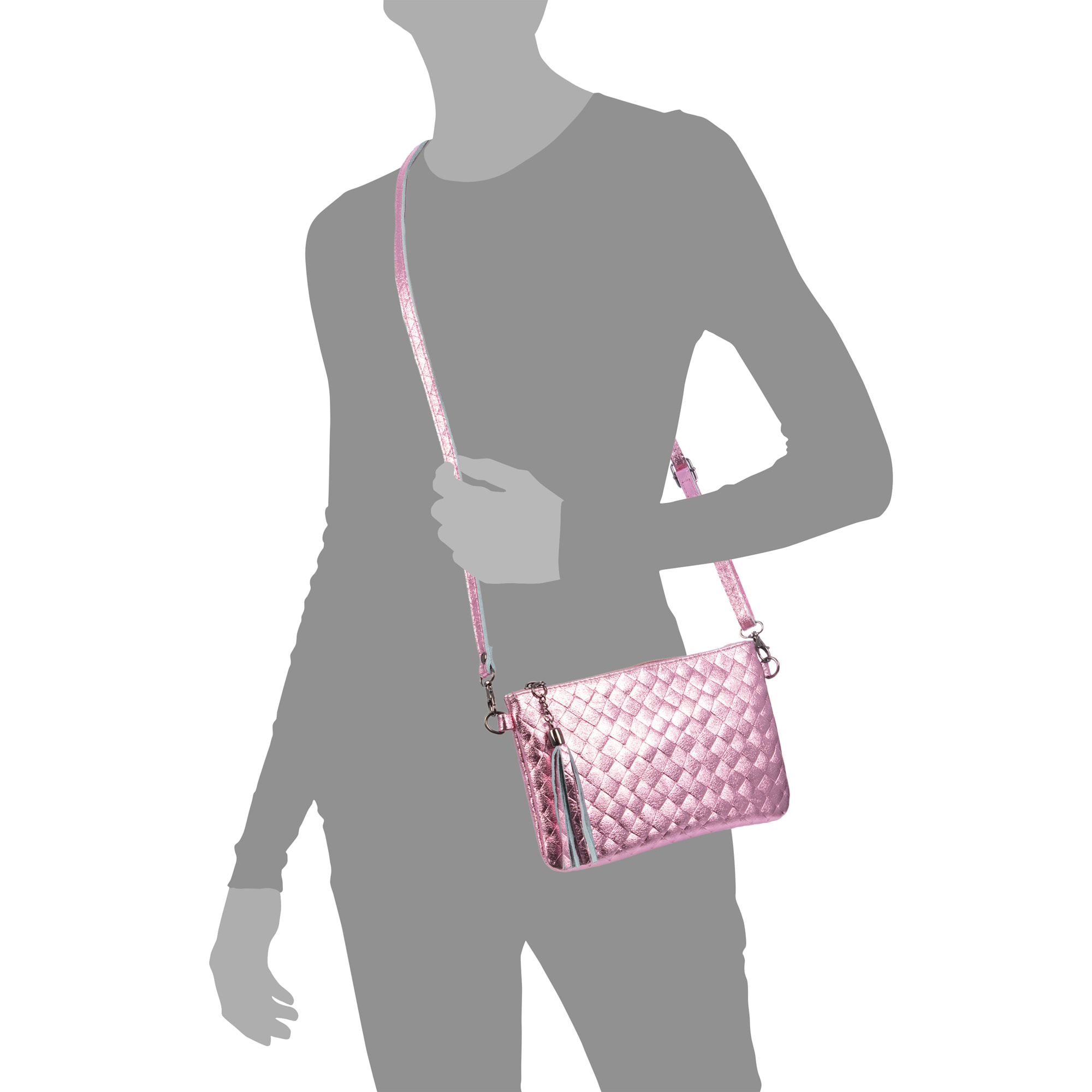 Oleggio bolso bandolera mujer. Piel auténtica Gamuza con grabado entrelazado y lacada brillante.