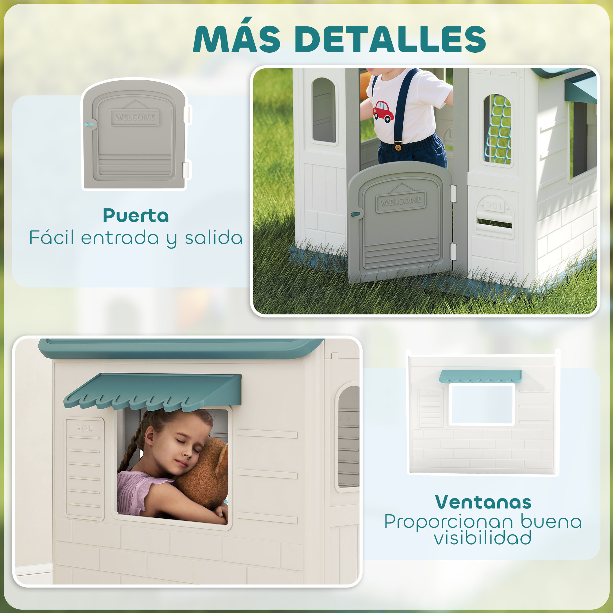 Casita Infantil Exterior e Interior 5 en 1, Casita Infantil de Jardín con Lanzamiento de Aros, Baloncesto, Fútbol, Dardos, Casa de Juegos para Niños de 2-5 Años, Beige