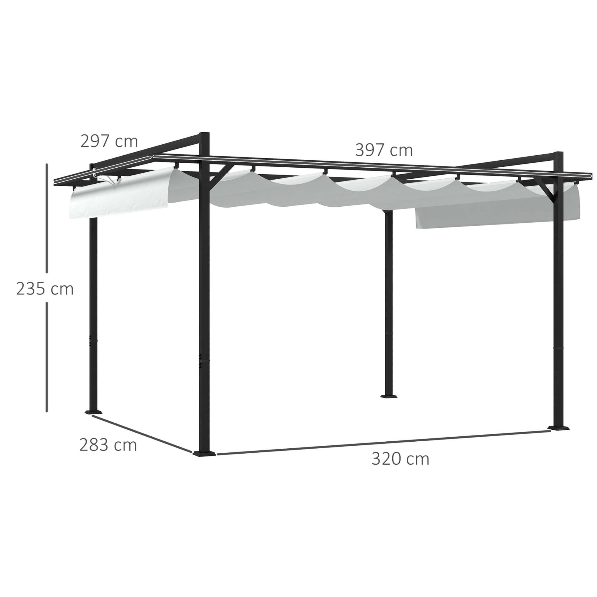 Pérgola 3x4 m Gazebo Cenador de Jardín con Techo Retráctil de Poliéster y 12 Orificios de Drenaje Pérgola para Patio Terraza Exterior Blanco y Gris Oscuro