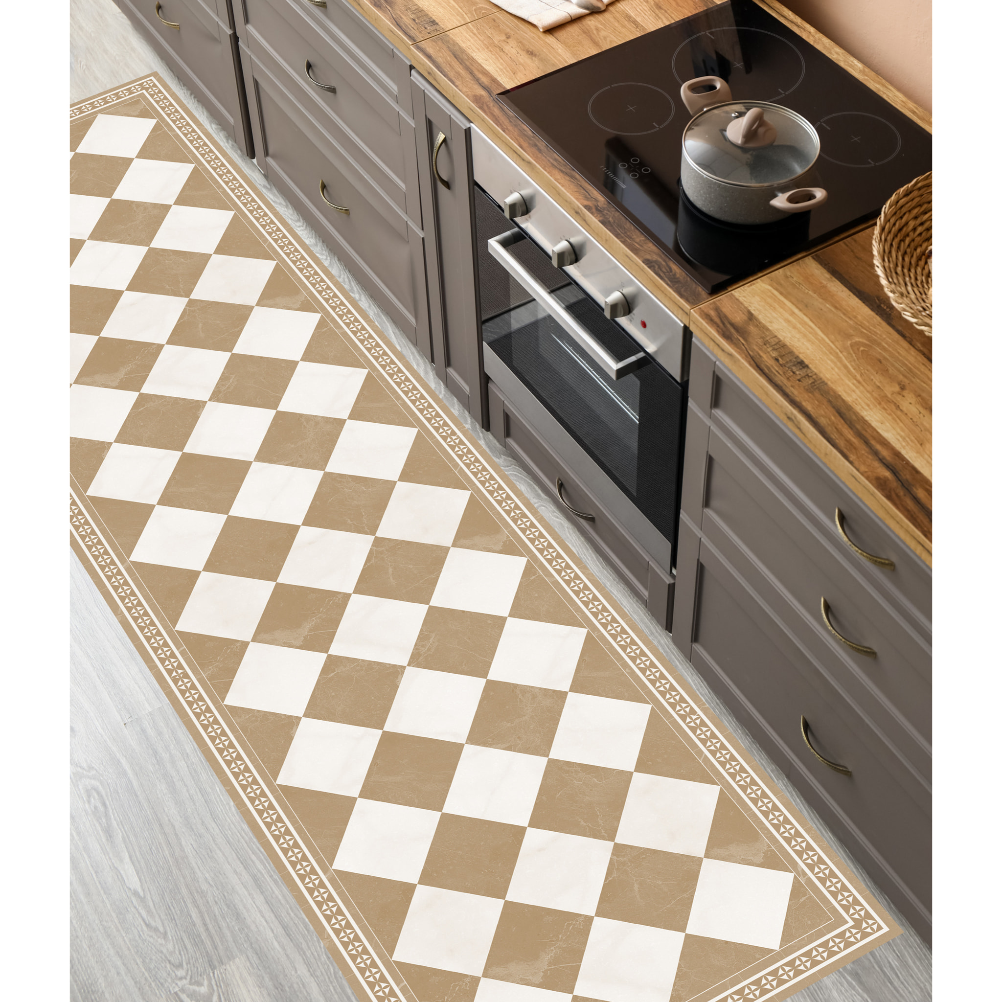 Alfombra de vinilo Galileo Beige 66x250 cm - PVC antideslizante, vinilica para cocina o salón, lavable, estilo hidraúlico