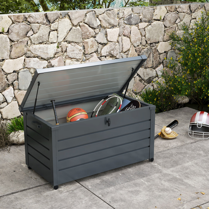 Arcón Exterior Capacidad 311L, Baúl de Almacenaje de Acero Galvanizado con 4 Ruedas, 2 Asas y Tapa con Cerradura, Impermeable, para Jardín, Terraza, Patio, 120x62x66 cm, Gris Oscuro