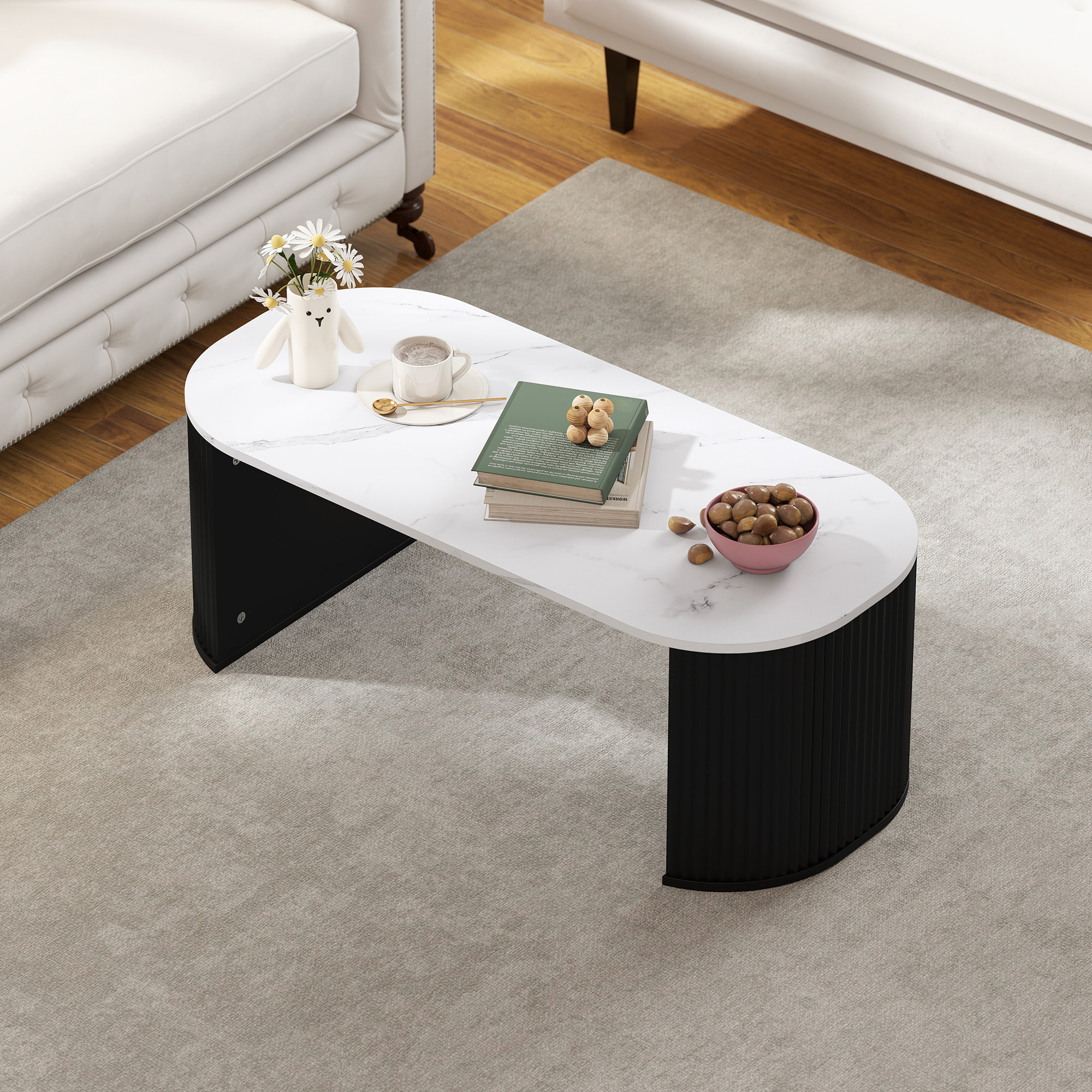 Table basse design ovale effet marbre blanc dim. 110 x 50 x 40 cm noir