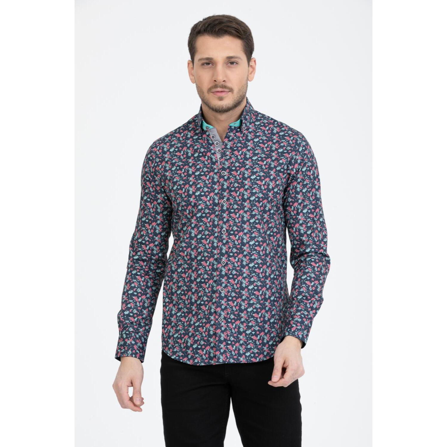 Camicia Uomo 1 Bottoni Button Down Slim Popeline Stampato Nero/Bianco