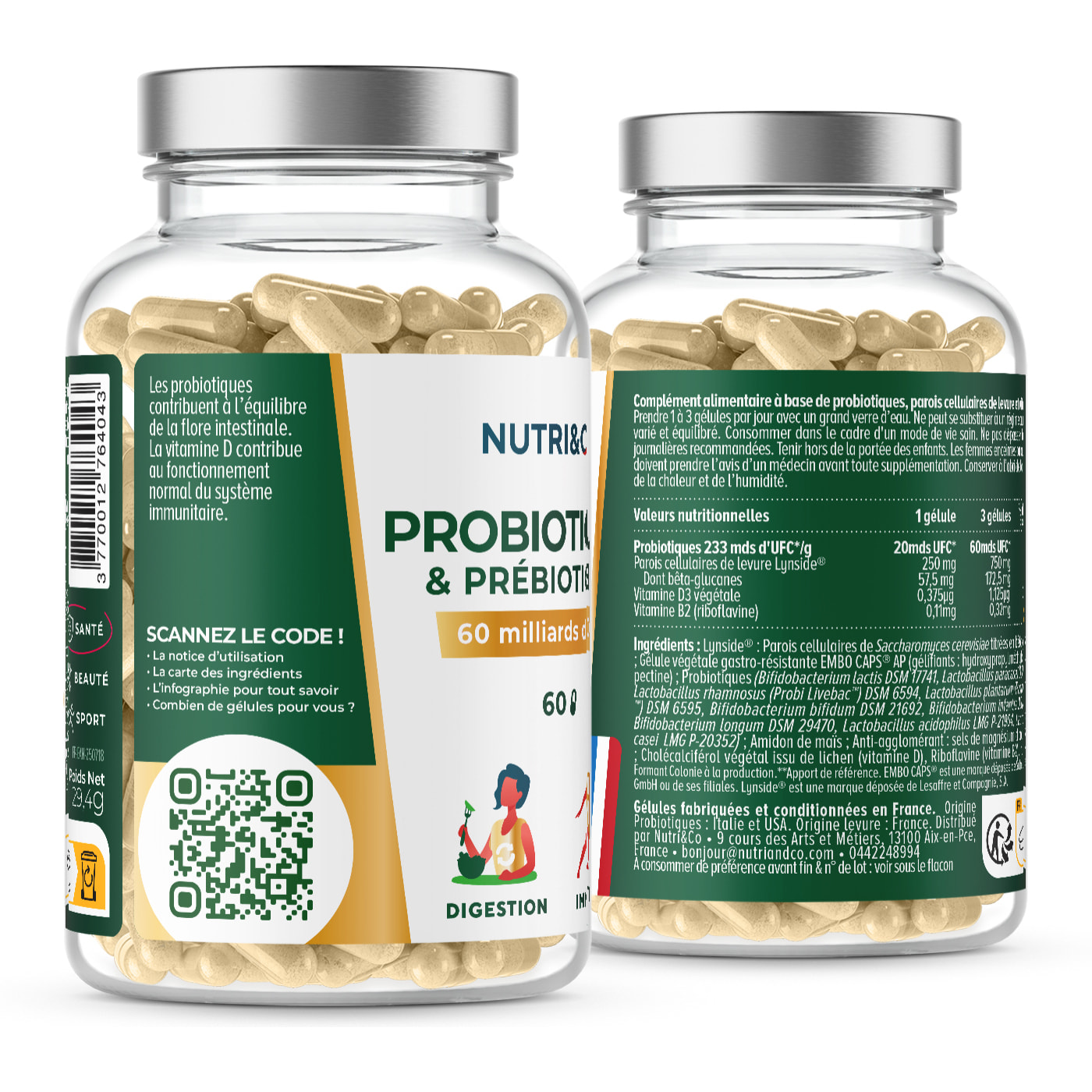Nutri&Co Probiotiques & Prébiotiques - Flore Intestinale - 60 gélules Vegan