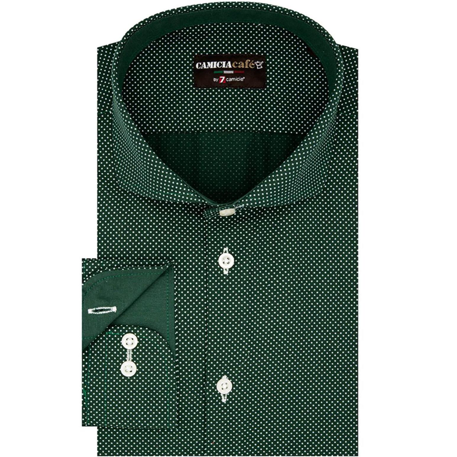 Camicia Uomo 1 Bottone Francese Slim Cotone Stretch Stampato Verde e Bianco