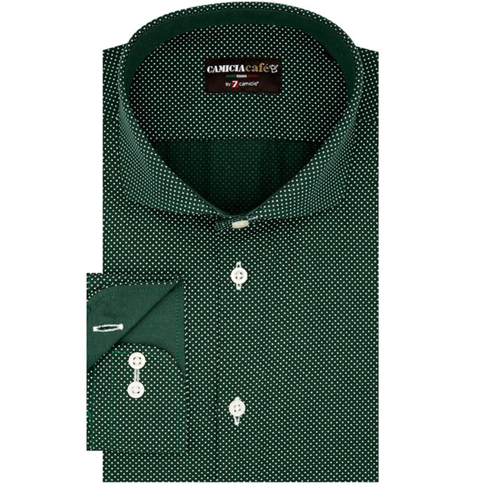 Camicia Uomo 1 Bottone Francese Slim Cotone Stretch Stampato Verde e Bianco