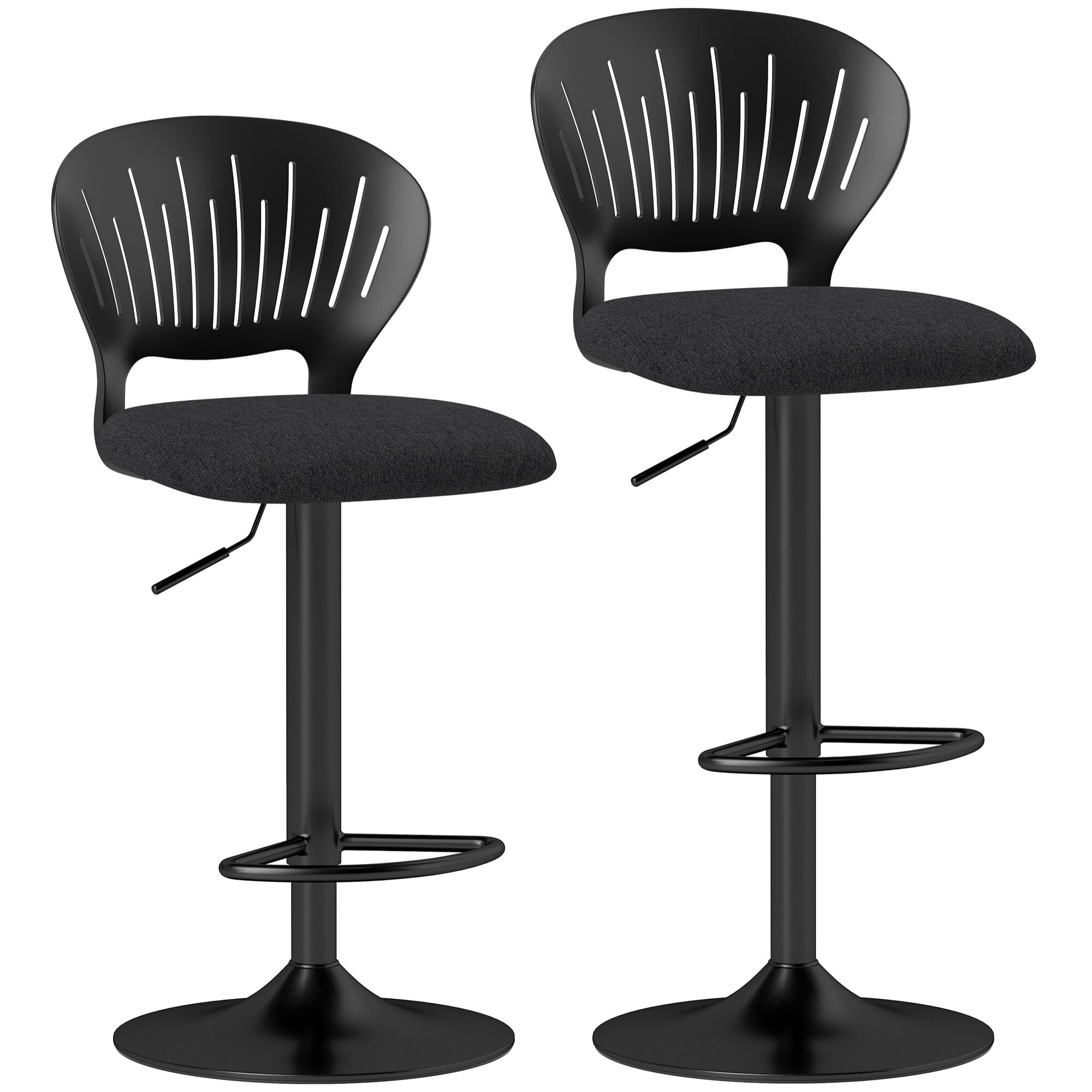 Juego de 2 Taburetes Altos de Cocina Giratorios en 360°, Taburetes de Bar Regulables en Altura de 84-105 cm, Respaldo Hueco, Reposapiés, para Comedor, Mostrador, Negro