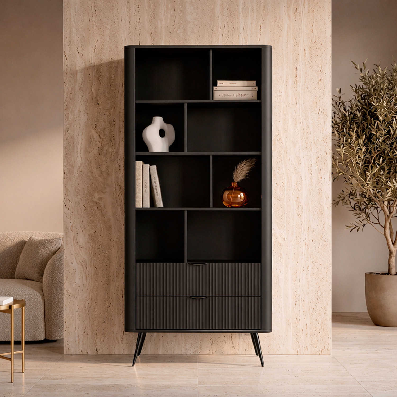 Libreria Moderna a Giorno Con Design Geometrico Asimmetrico Salvaspazio Studio E Ufficio 88.2 x 38 x 193,8 cm Nero