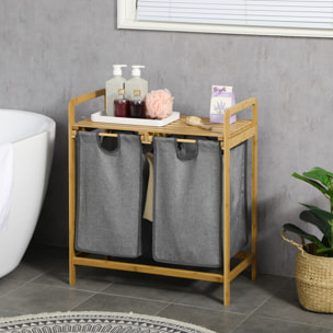 Cesto de Ropa Sucia de Bambú Cesto para la Colada Cesta de Lavandería con 2 Bolsas Extraíbles y Estante para Dormitorio Baño Lavadero 63,5x33x73 cm Natural y Gris