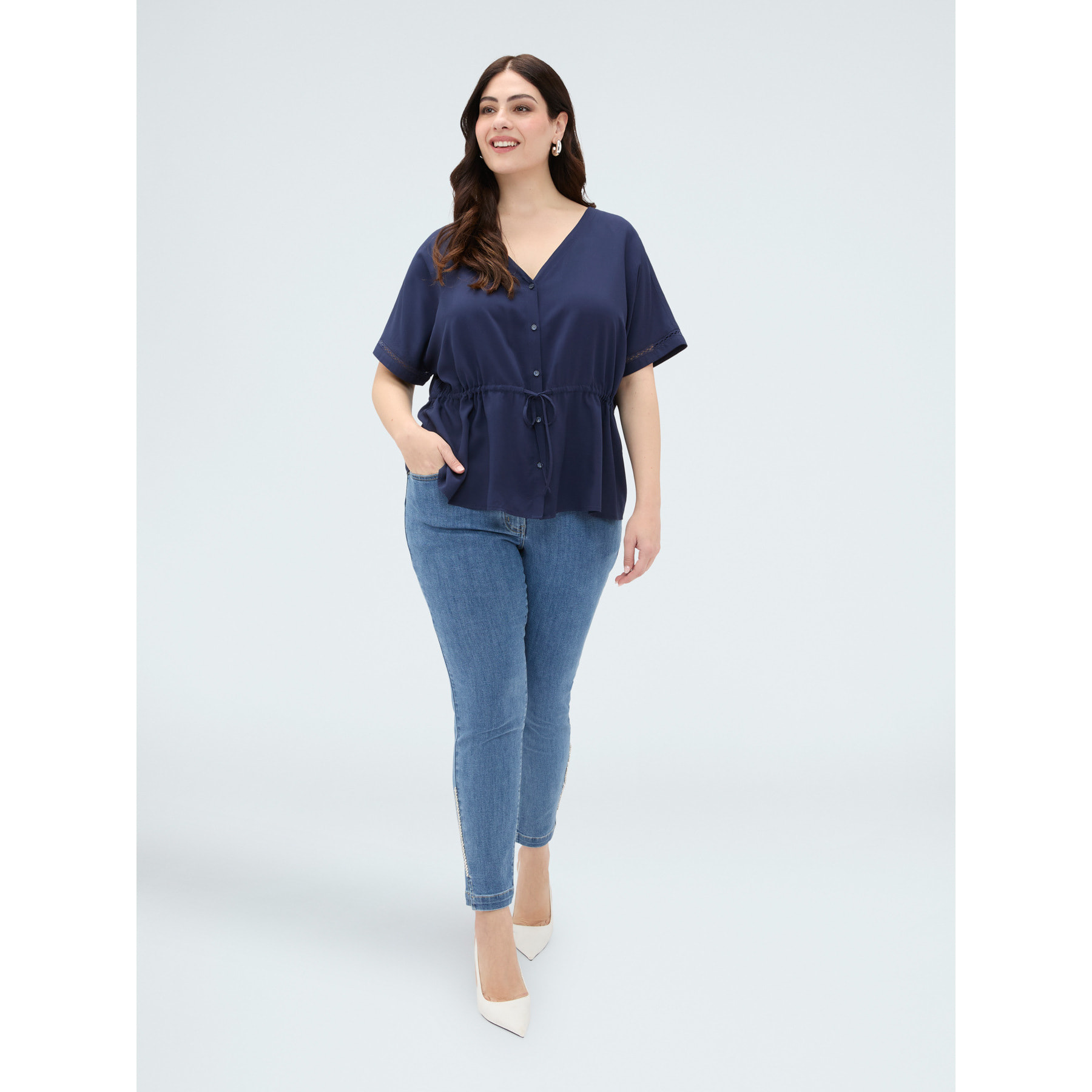 Fiorella Rubino - Blusa de viscosa con cordón ajustable en la cintura - Azul