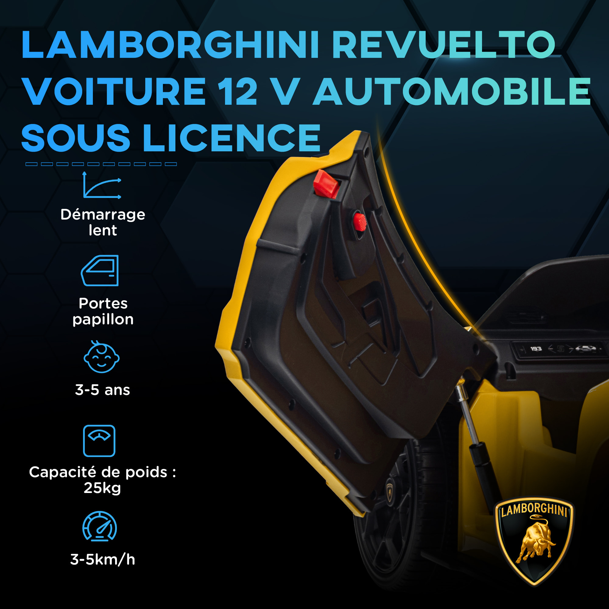 Voiture électrique enfant licence Lamborghini Revuelto télécommande effets sonores lumineux jaune