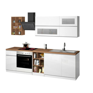 Cucina completa Dcastill, Cucina pratica e salvaspazio, Parete da cucina con 5 ante e 1 cassetto, 100% Made in Italy, 255x60h85 cm, Bianco lucido e Rovere