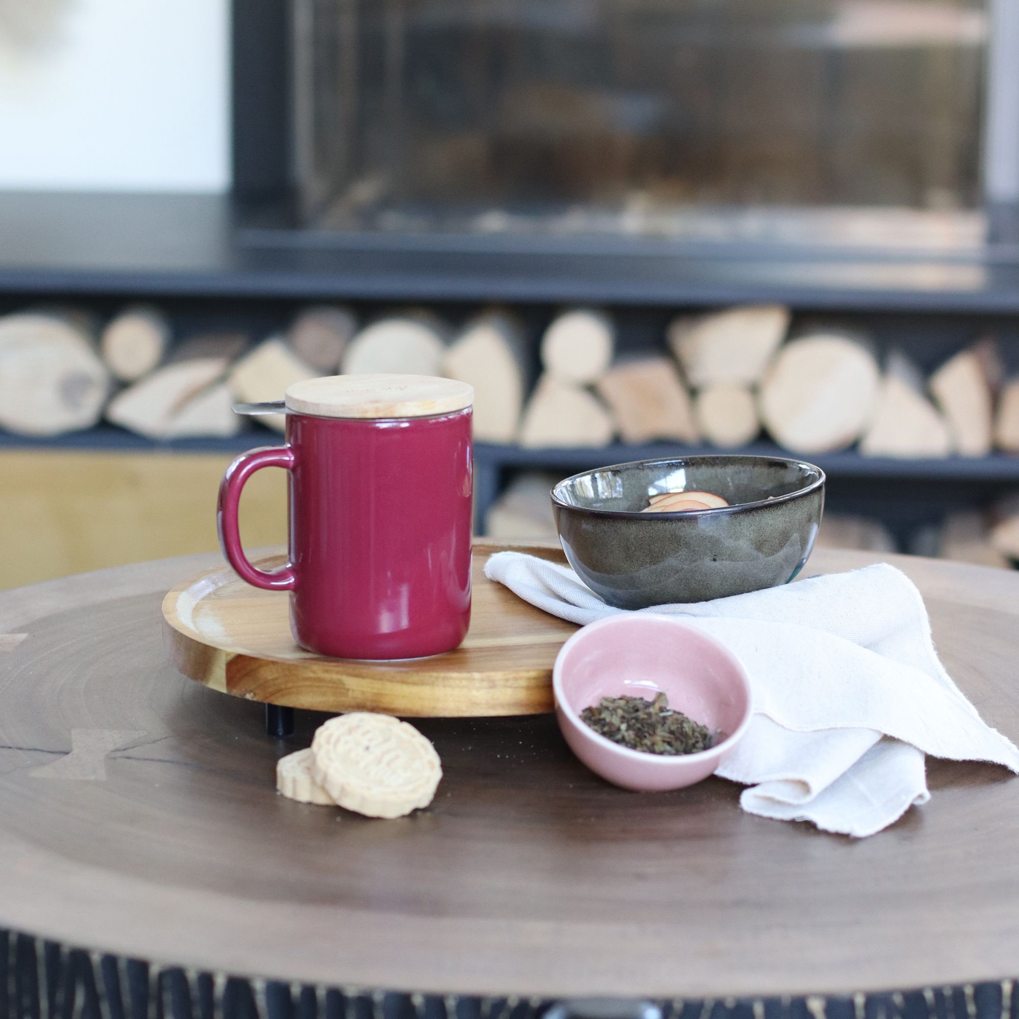 Tisanière en grès bordeaux avec couvercle en bois 350ml ANNA