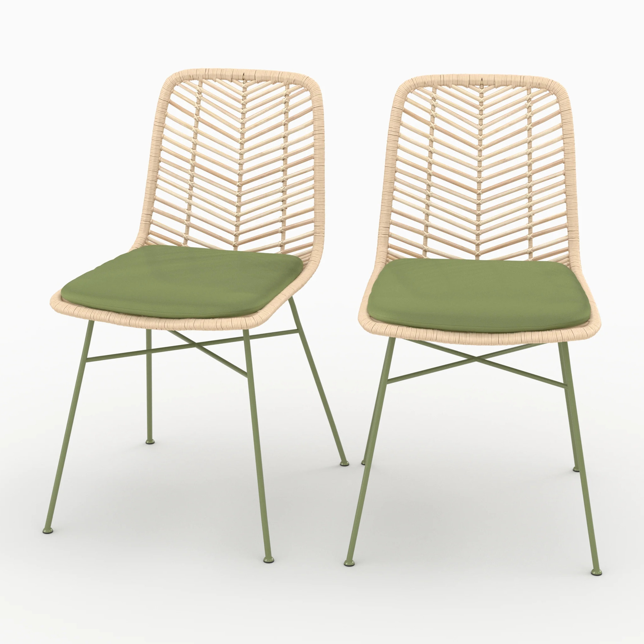 Lot de 2 chaises en rotin et tissu vert olive  - Tamara