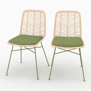 Lot de 2 chaises en rotin et tissu vert olive  - Tamara