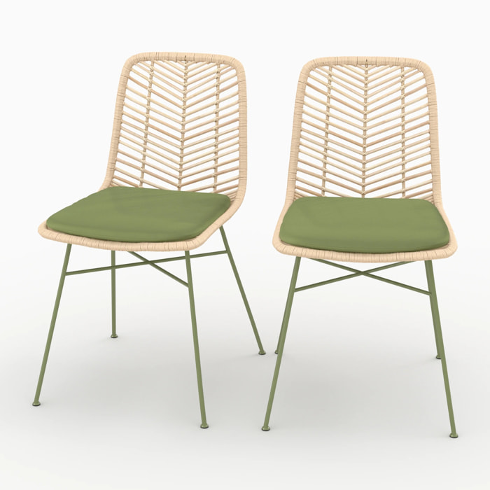 Lot de 2 chaises en rotin et tissu vert olive  - Tamara